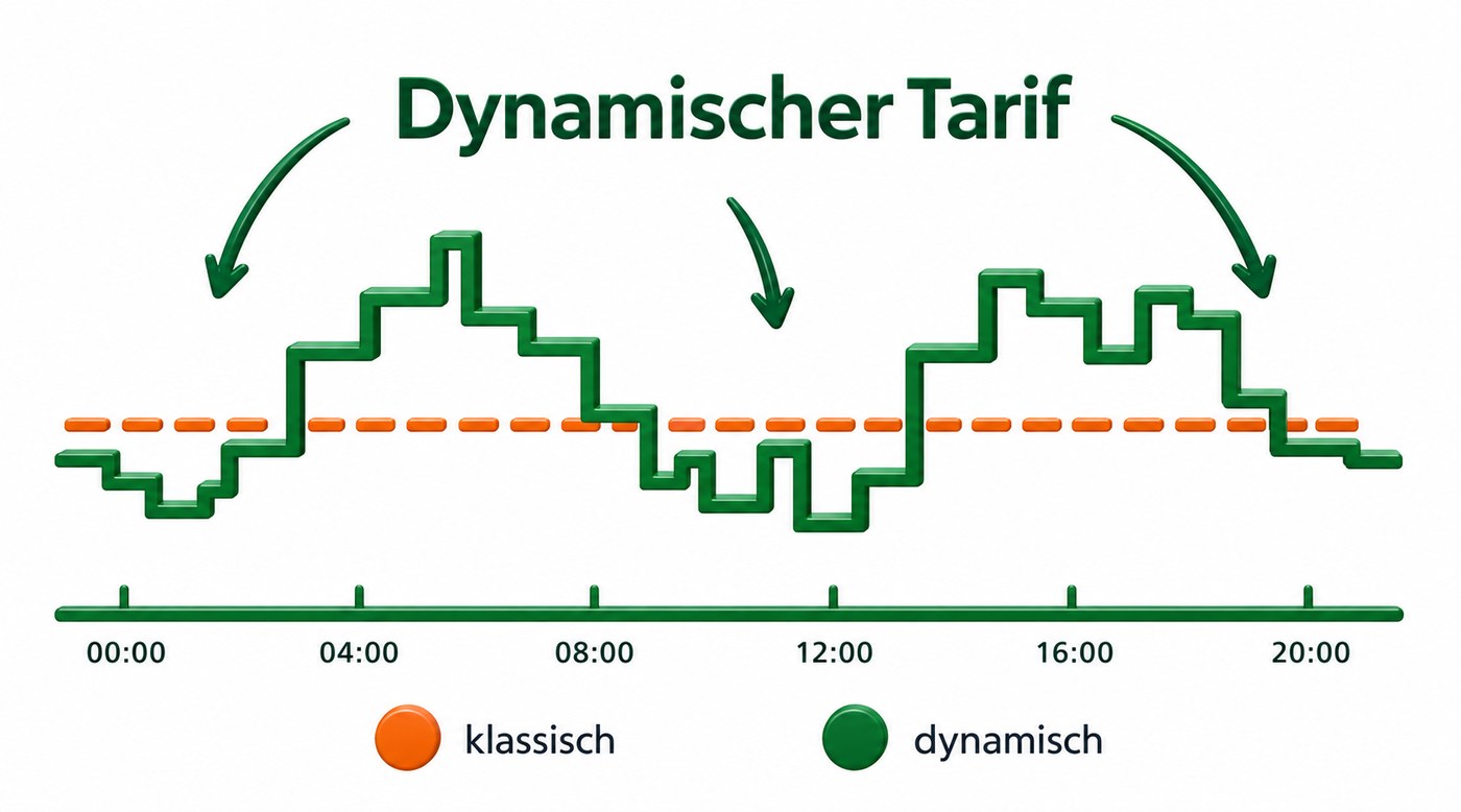 Grafik Dynamischer Tarif SWG FlexStrom: stündlich schwankender Strompreis im Vergleich zum festen klassischen Tarif
