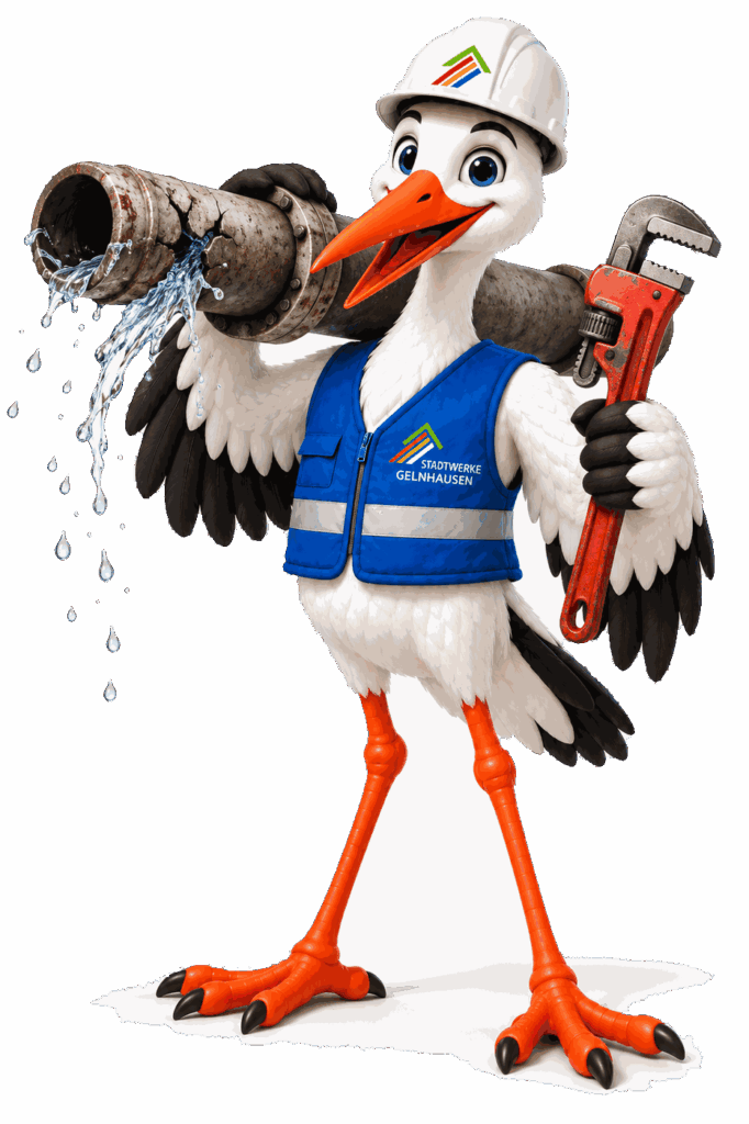 Maskottchen der Stadtwerke Gelnhausen mit gebrochener Wasserleitung und Rohrzange – Rohrbruch-Service